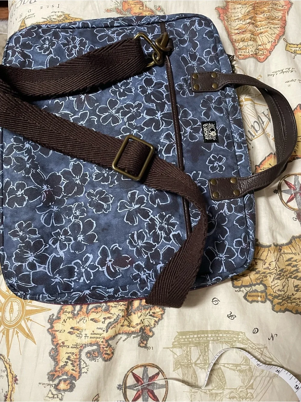 Lucky Brand Navy Floral Canvas Laptop Messenger Bag